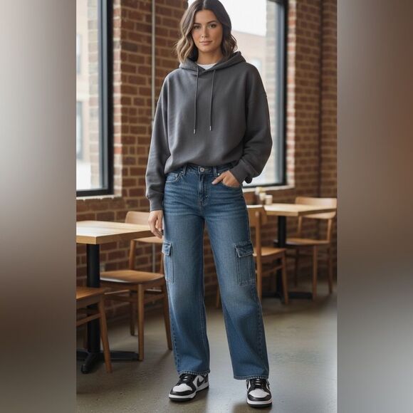 Risen Dark Blue High Rise Wide Leg Cargo Stretch Jean, size 23W/33L - Picture 2 of 11